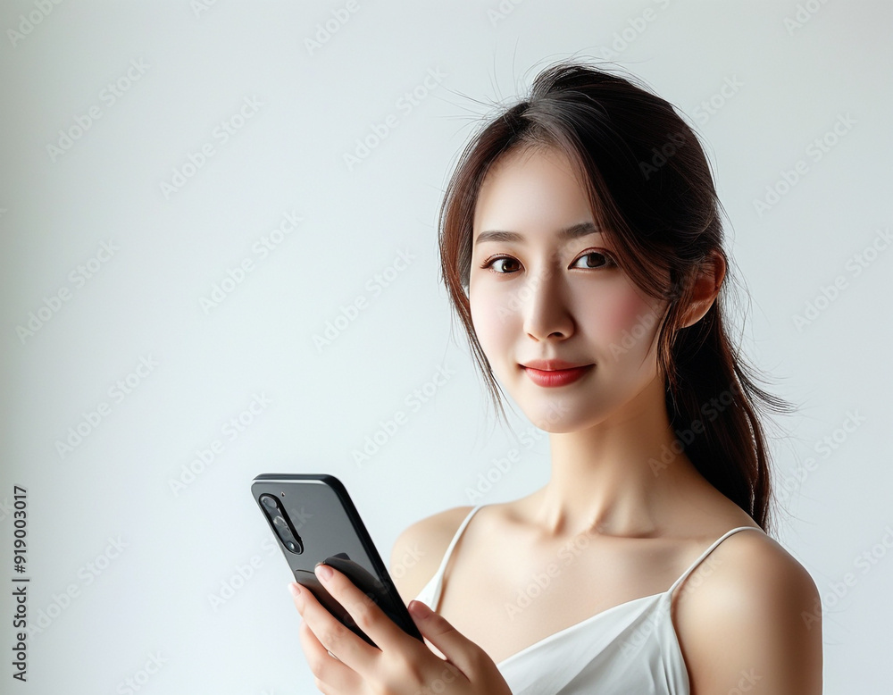 Photo of smiling asian woman with long dark hair holding and using black mobile phone, isolated over white background in studio Photo of smiling asian woman with long dark hair holding and using black mobile phone, isolated over white background in studio