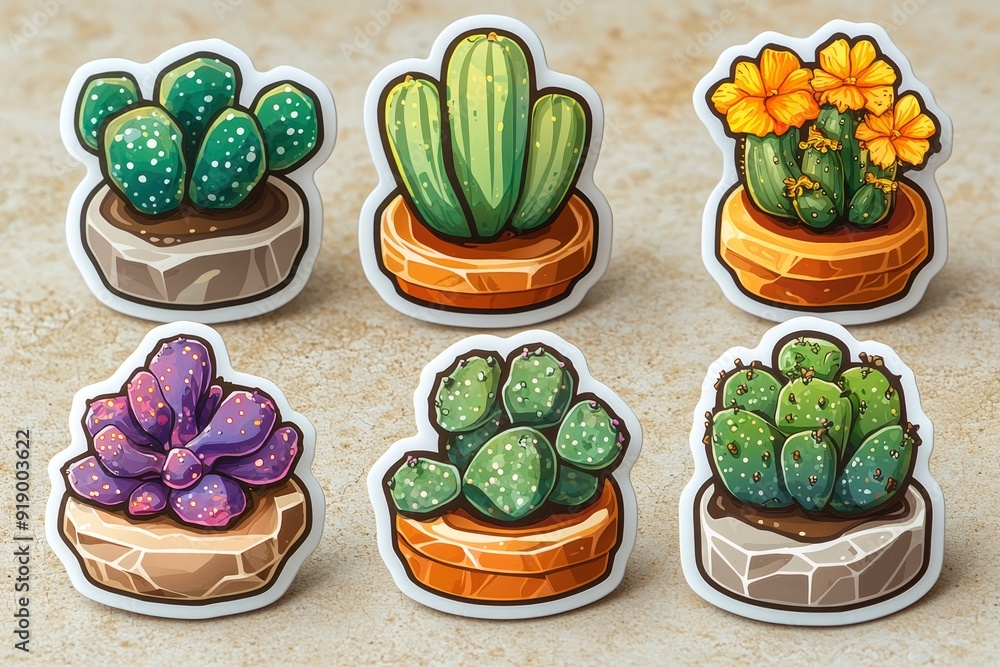 Set of Six Cartoon Cactus Stickers Set of Six Cartoon Cactus Stickers