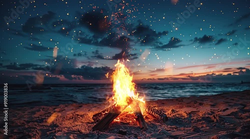 Cozy bonfire by a calm lake, with flames reflecting on the water, creating a peaceful and warm outdoor scene under the evening sky,  Seamless looping 4k time-lapse virtual video animation Generated AI