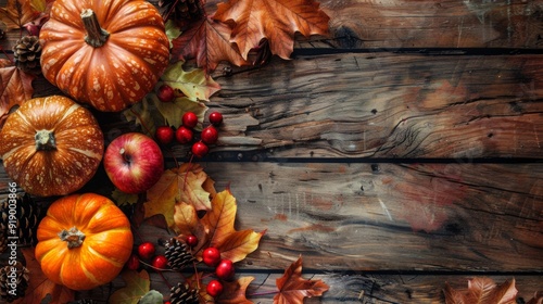 Thanksgiving day concept.Autumn maple leaves with Pumpkin and red berries on old wooden background.