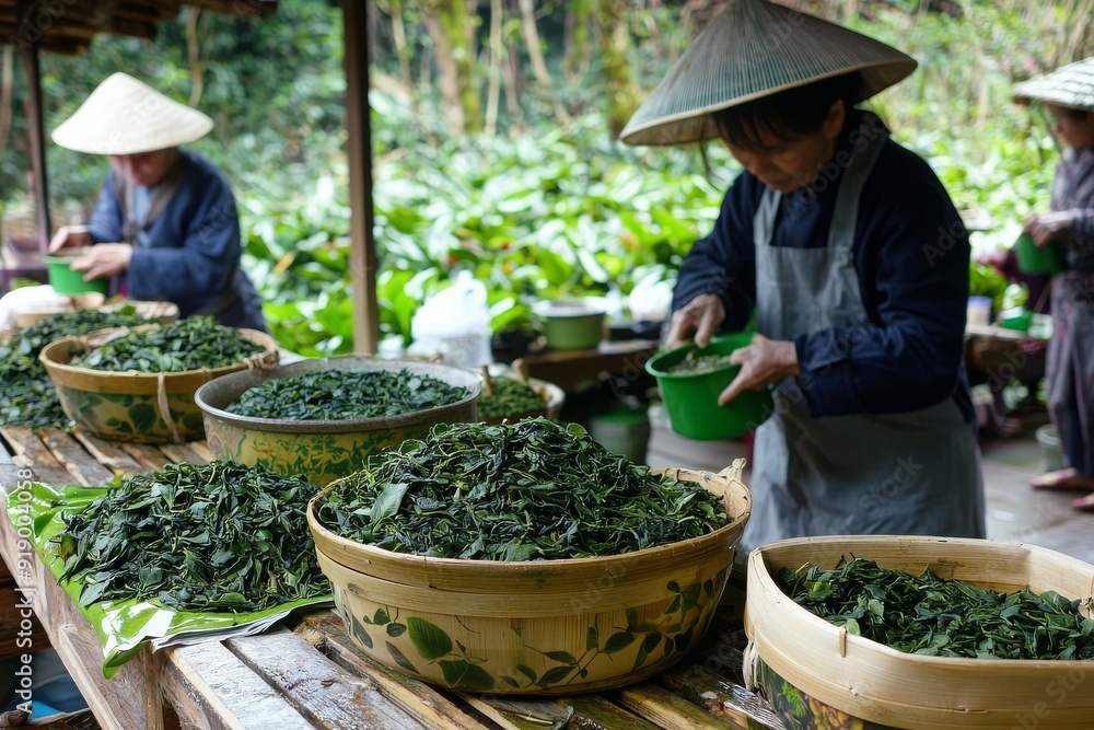 Participants Engaged in Crafting Unique Tea Blends with Fresh Leaves Participants Engaged in Crafting Unique Tea Blends with Fresh Leaves