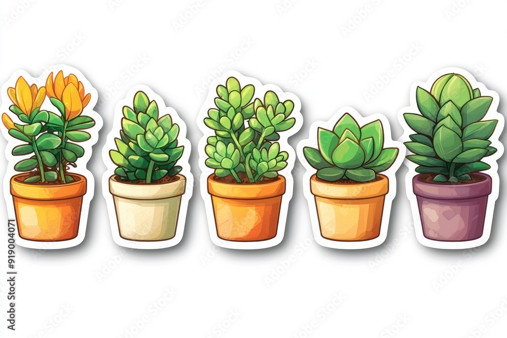 Set of Five Cartoon Succulents in Pots Set of Five Cartoon Succulents in Pots