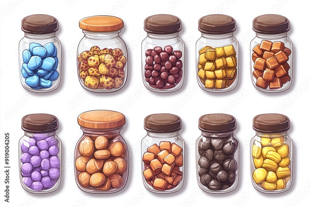 Collection of Glass Jars with Colorful Candies Collection of Glass Jars with Colorful Candies