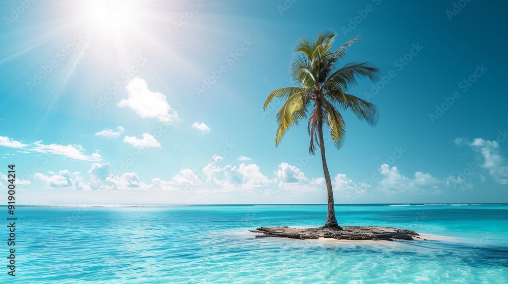 A single palm tree standing tall on a small island, surrounded by clear blue ocean water and a bright, sunny sky. A single palm tree standing tall on a small island, surrounded by clear blue ocean water and a bright, sunny sky.