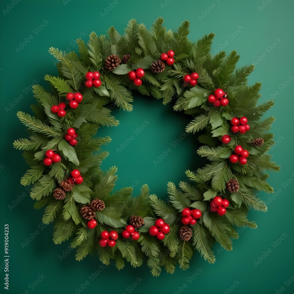 A simple red and green christmas wreath on a green background A simple red and green christmas wreath on a green background