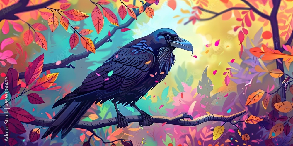 Fototapeta premium A raven perched on a branch in colorful foliage.