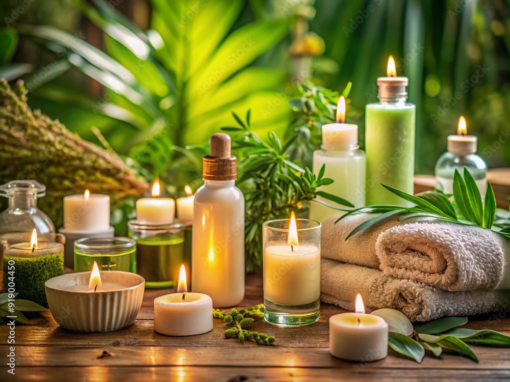 Soothing ambiance of serene space with assorted skincare products, gentle candlelight, and lush greenery, evoking feelings of relaxation, rejuvenation, and self-love. Soothing ambiance of serene space with assorted skincare products, gentle candlelight, and lush greenery, evoking feelings of relaxation, rejuvenation, and self-love.