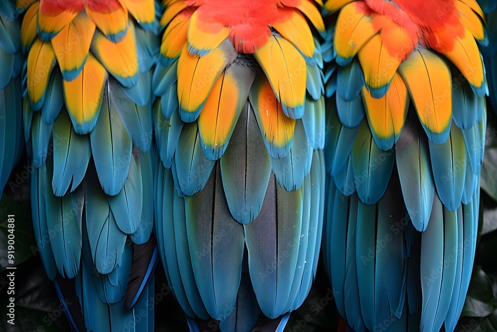 Obraz premium Vibrant Tropical Parrot Feathers Close-Up - Nature, Texture, Exotic Wildlife Photography