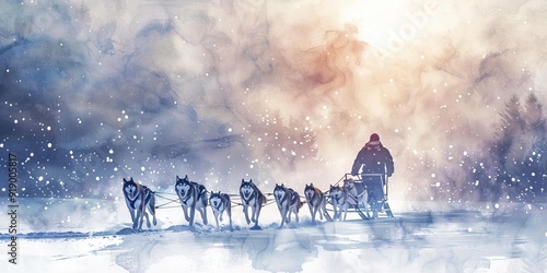 Snowy winter landscape with a dogsled team.