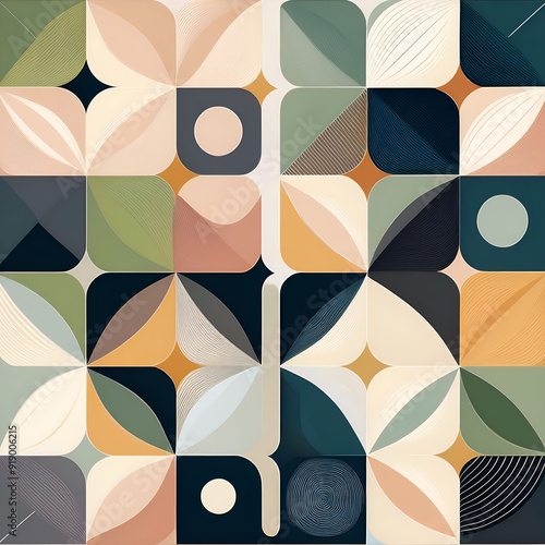 modern geometric design featuring a circular pattern with a retro-inspired color palette of orange, teal, and cream. Ideal for backgrounds, textiles, wallpapers, and digital projects that need a uniqu photo