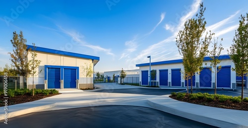 blue and white self storage facility with blue doors, clean, photo realistic, professional photography, beautiful lighting, wide angle lens, wide shot of entire building, photo