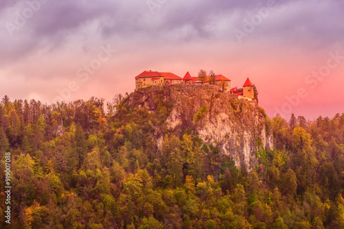 Medieval castle on Bled lake in Slovenia photo