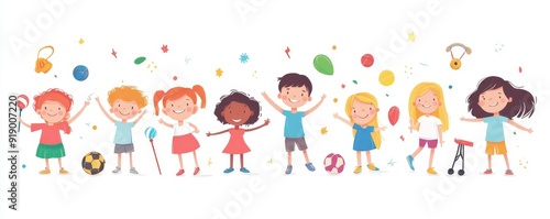 Wallpaper Mural Happy kids, group of girls and boys, leisure game, sport equipments,  funny illustration, Generative AI Torontodigital.ca