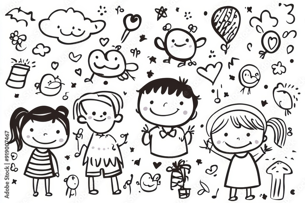Funny children drawing doodle set, Generative AI Funny children drawing doodle set, Generative AI