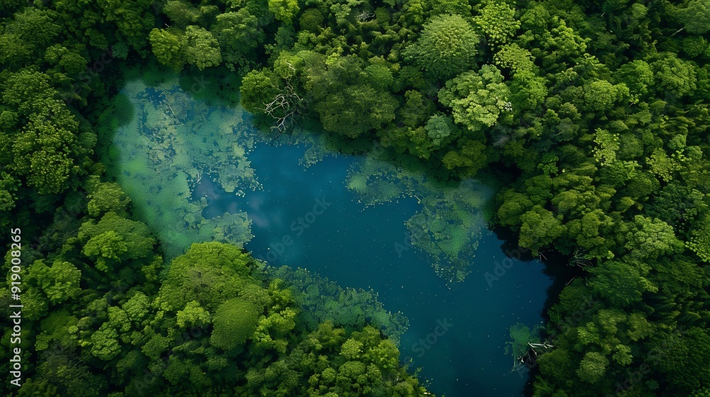Aerial View of a Secluded Lagoon Surrounded by Lush Greenery Aerial View of a Secluded Lagoon Surrounded by Lush Greenery