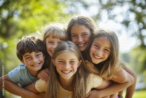 Six pre-teen friends piggybacking in a park, close up portrait, Generative AI