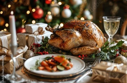 Beautifully set Christmas table with gift boxes, garlands and decorations in the background. Large golden brown turkey surrounded by cutlery, silverware and glasses filled with champagne.