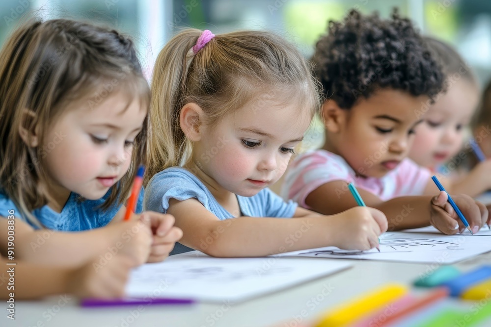 Group of cute little prescool kids drawing, Generative AI Group of cute little prescool kids drawing, Generative AI