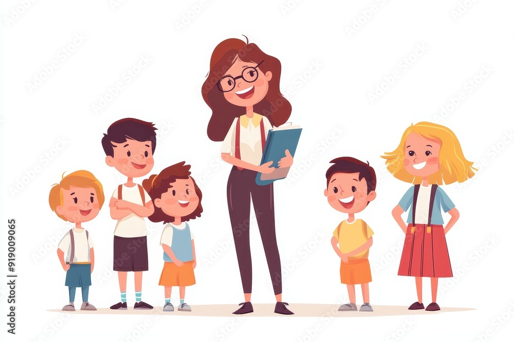 Young teacher with joyful kids isolated flat illustration. Cartoon happy children in kindergarten or school. Pedagogy and education concept, Generative AI Young teacher with joyful kids isolated flat illustration. Cartoon happy children in kindergarten or school. Pedagogy and education concept, Generative AI