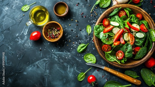 Fresh Spinach Salad with Colorful Vegetables and Vinaigrette Dressing