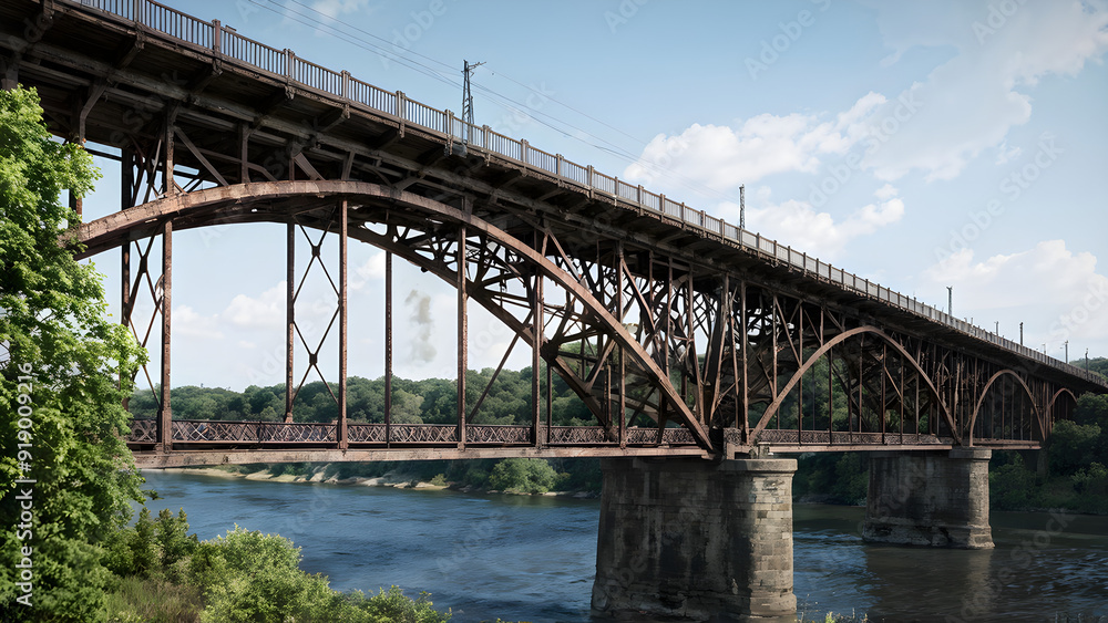 Obraz premium An old iron railway bridge with rusting beams and elaborate latticework that crosses a river