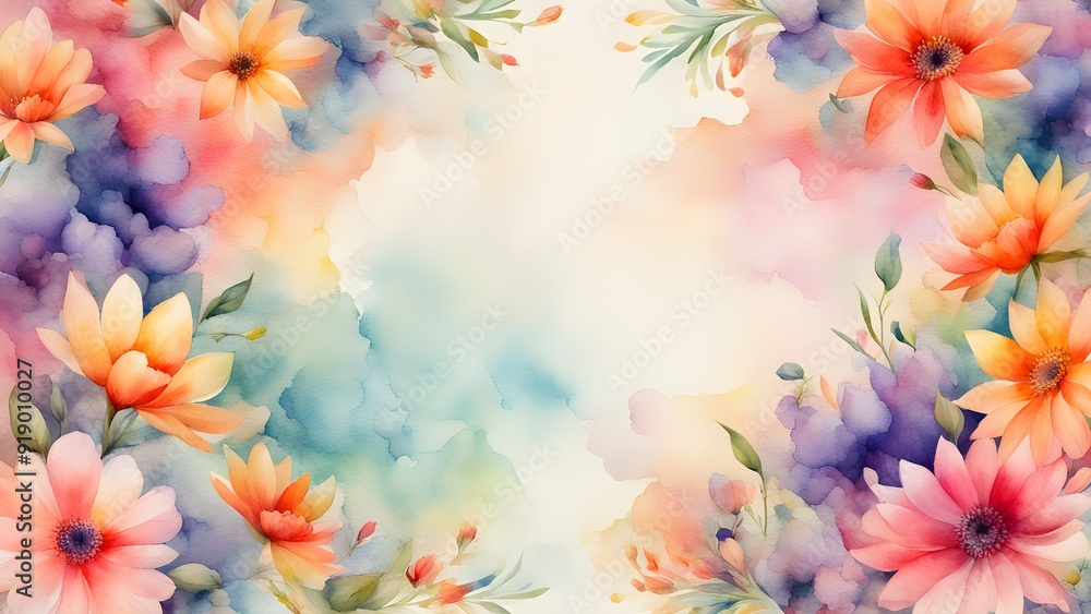A watercolor painting of a flowery background with a large flower in the center A watercolor painting of a flowery background with a large flower in the center