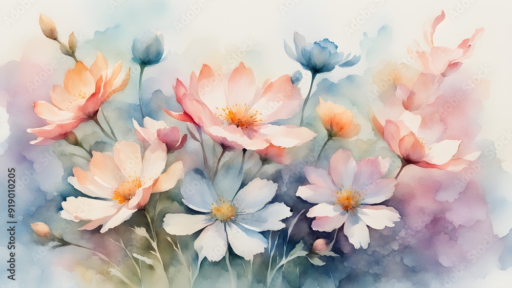 A painting of a bouquet of flowers with a blue background A painting of a bouquet of flowers with a blue background