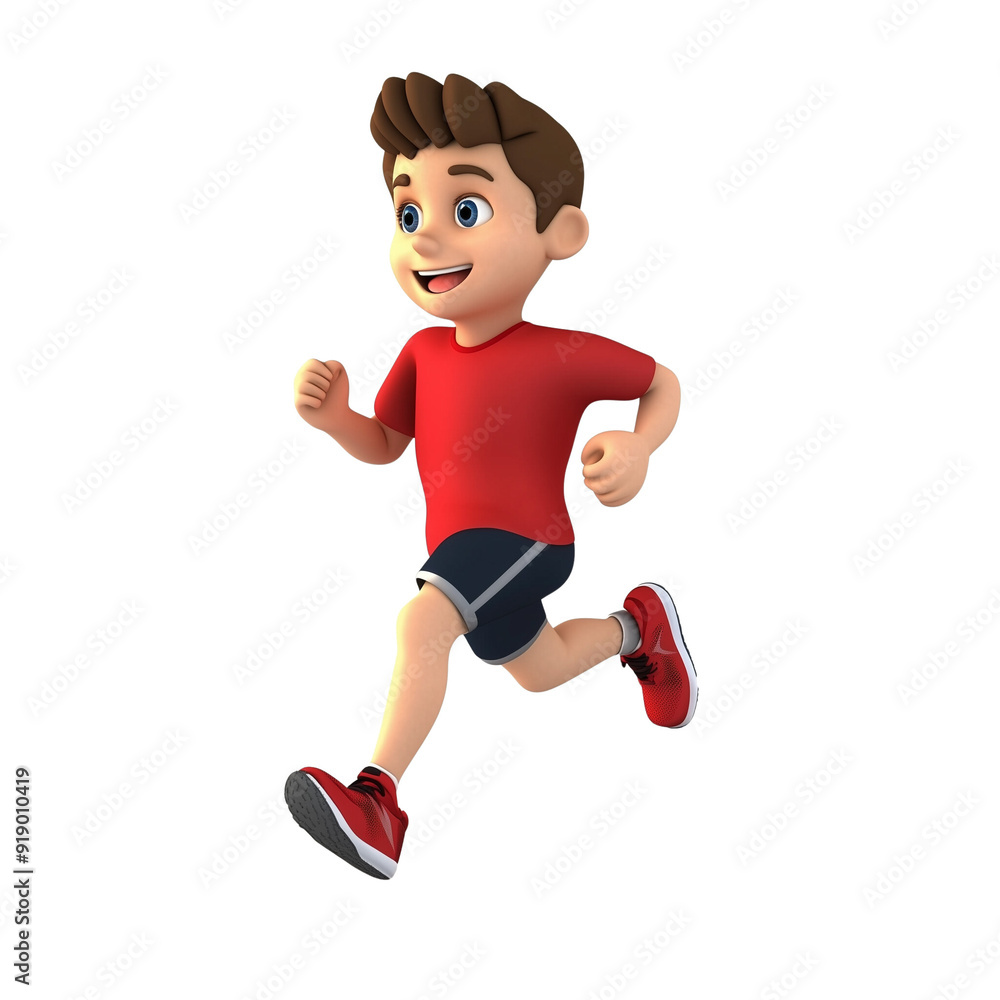 Cheerful Cartoon Boy Running in Red T-Shirt and Shorts on White Background Cheerful Cartoon Boy Running in Red T-Shirt and Shorts on White Background