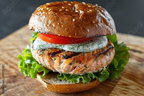 Grilled salmon burger with lettuce and tomato on wooden board photo