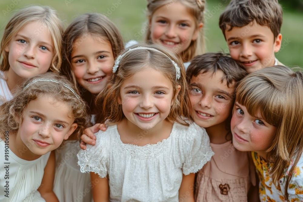 Kids having fun outdoors in summer. Group portrait of happy little school children in the park. Bunch of cheerful friends posing for a group photo, hugging, looking at the camera and, Generative AI Kids having fun outdoors in summer. Group portrait of happy little school children in the park. Bunch of cheerful friends posing for a group photo, hugging, looking at the camera and, Generative AI
