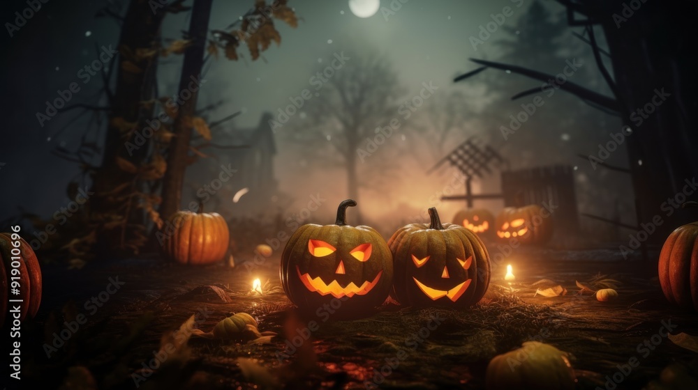 Spooky Jack-o'-lanterns in a Foggy Forest Spooky Jack-o'-lanterns in a Foggy Forest