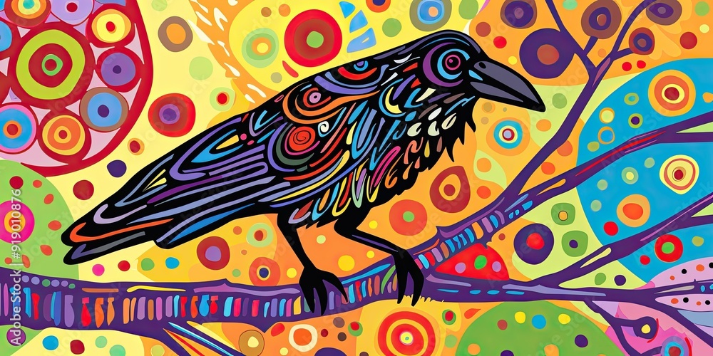 Colorful crow perches on whimsical branch. Colorful crow perches on whimsical branch.