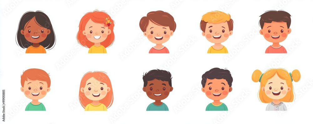 Set of children avatars. Bundle of smiling faces of boys and girls with different hairstyles, skin colors and ethnicities. Colorful flat illustration isolated on white, Generative AI Set of children avatars. Bundle of smiling faces of boys and girls with different hairstyles, skin colors and ethnicities. Colorful flat illustration isolated on white, Generative AI
