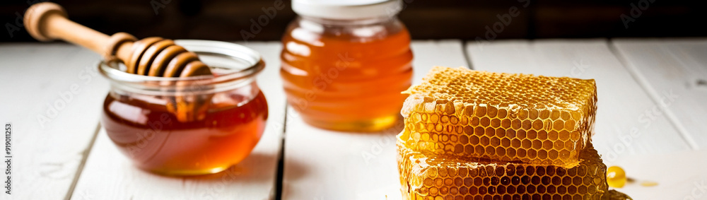Honeycomb with honey on white table background, Fresh honeycombs on white background, Honey on table Honeycomb with honey on white table background, Fresh honeycombs on white background, Honey on table