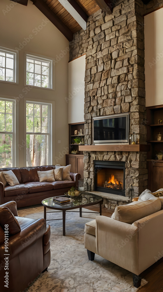 Obraz premium living room with fireplace, ai generated