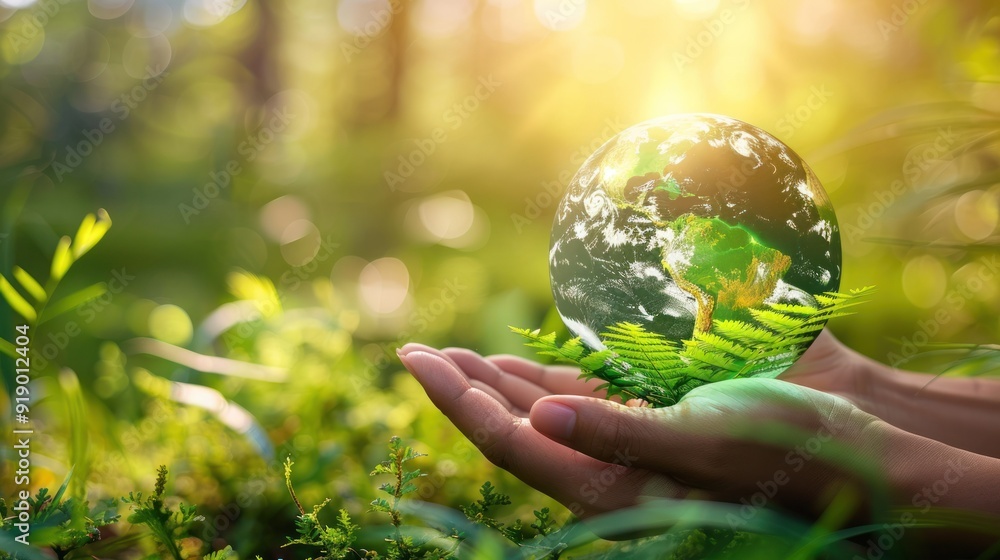 Hands Holding a Globe with Green Foliage Hands Holding a Globe with Green Foliage