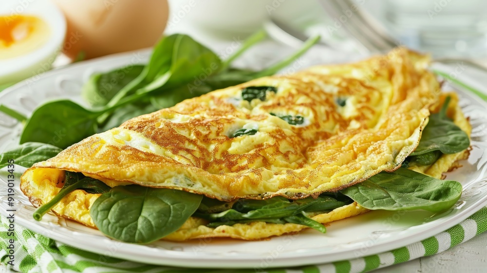 Health-Conscious Breakfast with Spinach and Egg Omelet, Garnished Delight. Health-Conscious Breakfast with Spinach and Egg Omelet, Garnished Delight.