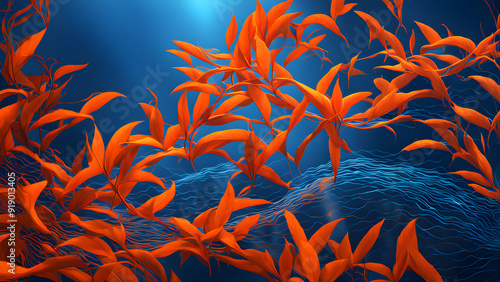 Vibrant Orange Leaves Against a Blue Aquatic Background