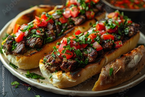 Gourmet Grilled Steak Sandwich with Fresh Tomato and Herb Garnish - Perfect for Summer Barbecue Menus