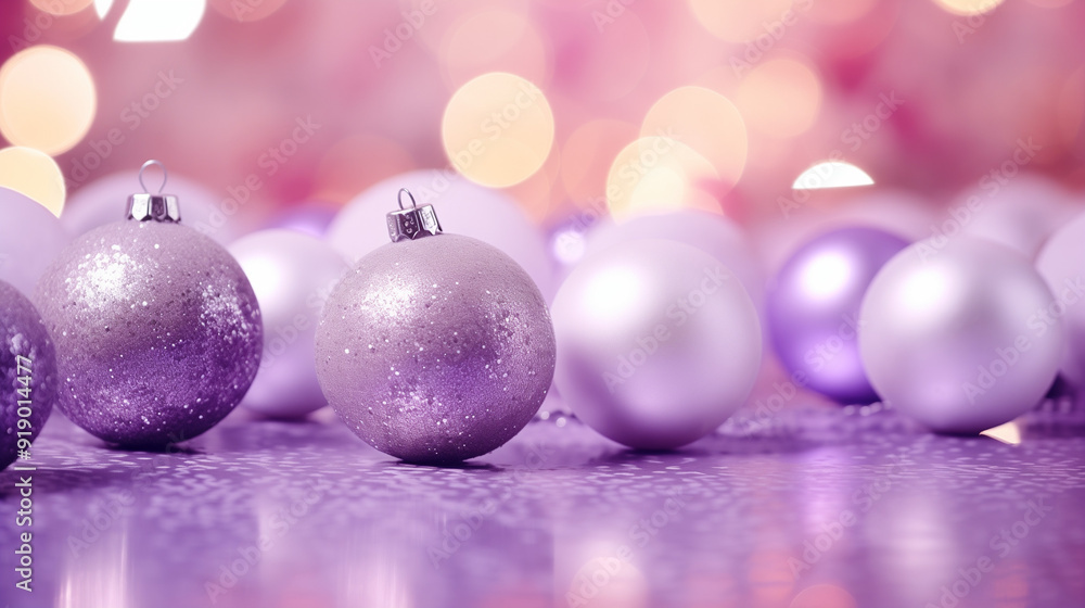 A variety of shiny purple ornaments scattered on a soft surface, twinkling under bright holiday lights in a joyful atmosphere A variety of shiny purple ornaments scattered on a soft surface, twinkling under bright holiday lights in a joyful atmosphere