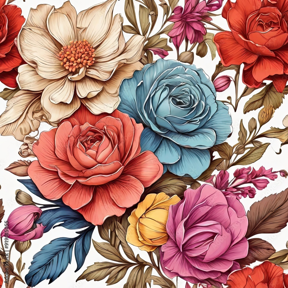 Fototapeta premium Seamless vector floral pattern with blooming flowers, perfect for spring wallpaper design