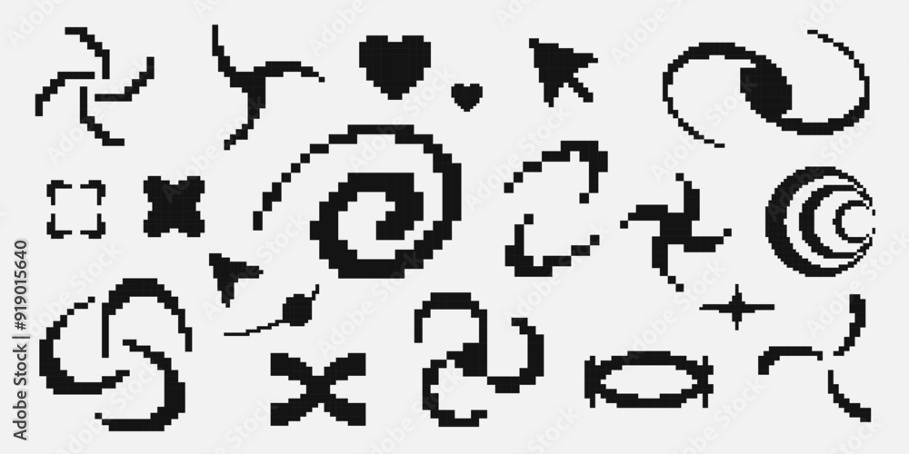 Y2K pixel style asset. Y2K retro futuristic elements for posters, flyers, banners, streetwear, social media. Pixel 8 bit vector abstract shapes, symbols, frames and objects. Y2K aesthetics.