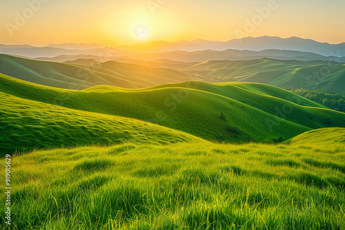 Sunset over Lush Green Hills: A Vibrant Landscape Bathed in Golden Light, Capturing the Serenity and Beauty of Rolling Terrains under a Clear Sky