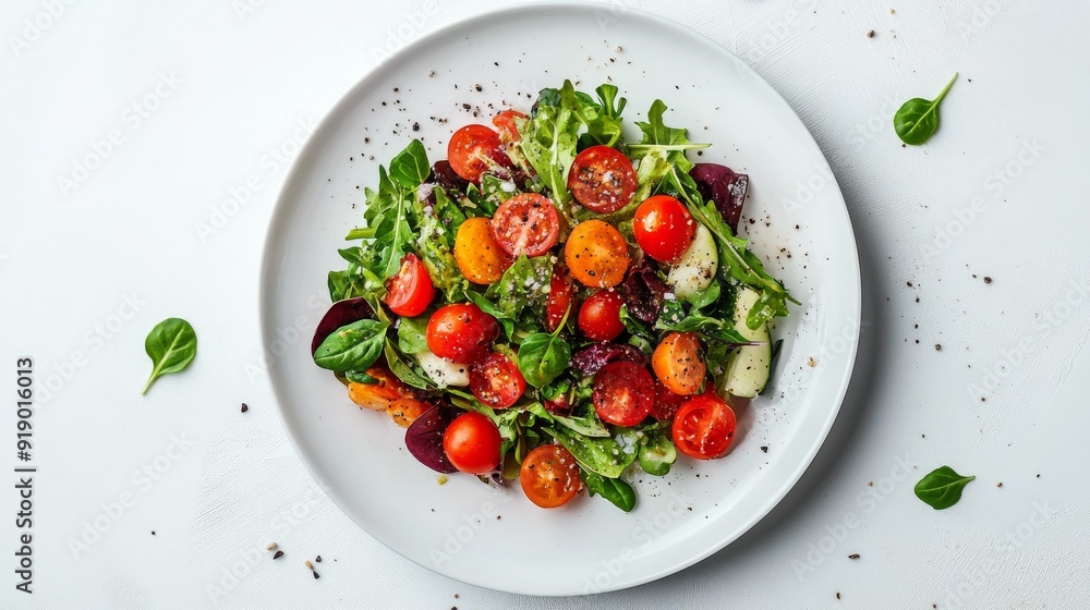 Fresh Salad with Cherry Tomatoes, Greens, and Black Pepper on a White Plate Fresh Salad with Cherry Tomatoes, Greens, and Black Pepper on a White Plate