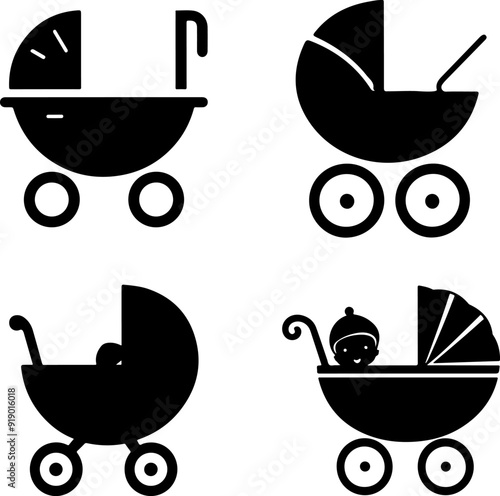 Baby stroller silhouettes for newborns. Set of vector icons on a transparent background