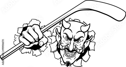 A devil or satan ice hockey sports mascot cartoon character holding a stick