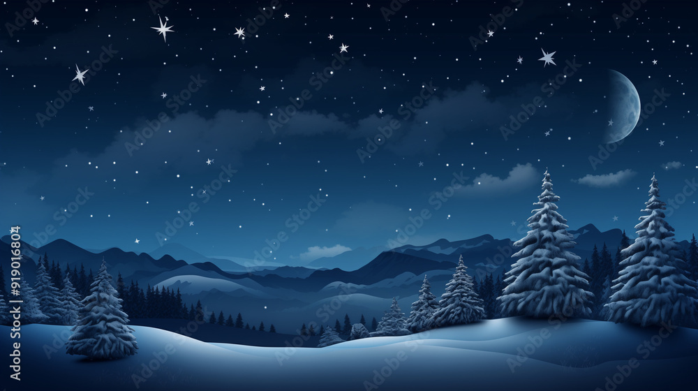 Fototapeta premium Snowy mountains are illuminated by stars and a crescent moon, creating a tranquil winter atmosphere