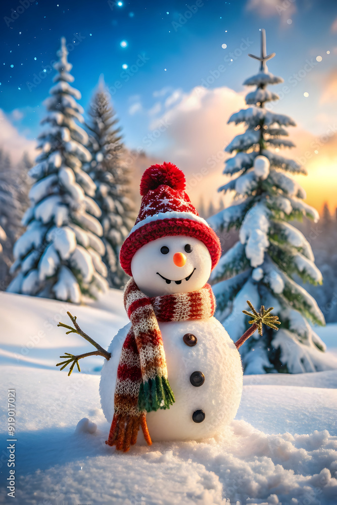 Fototapeta premium happy snowman standing in winter Christmas landscape