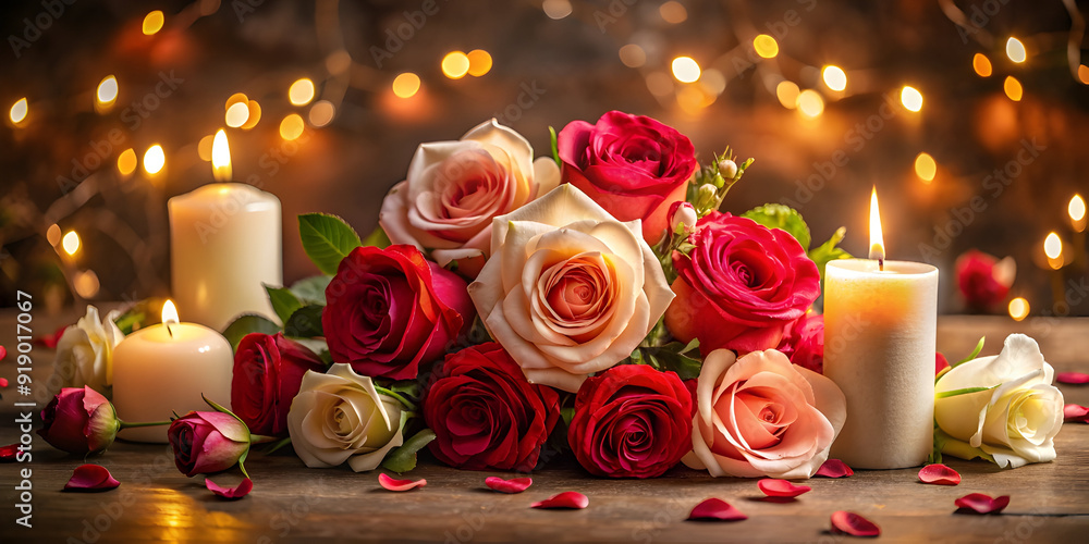 pale red roses a lit white candle with several pale red roses a lit white candle with several