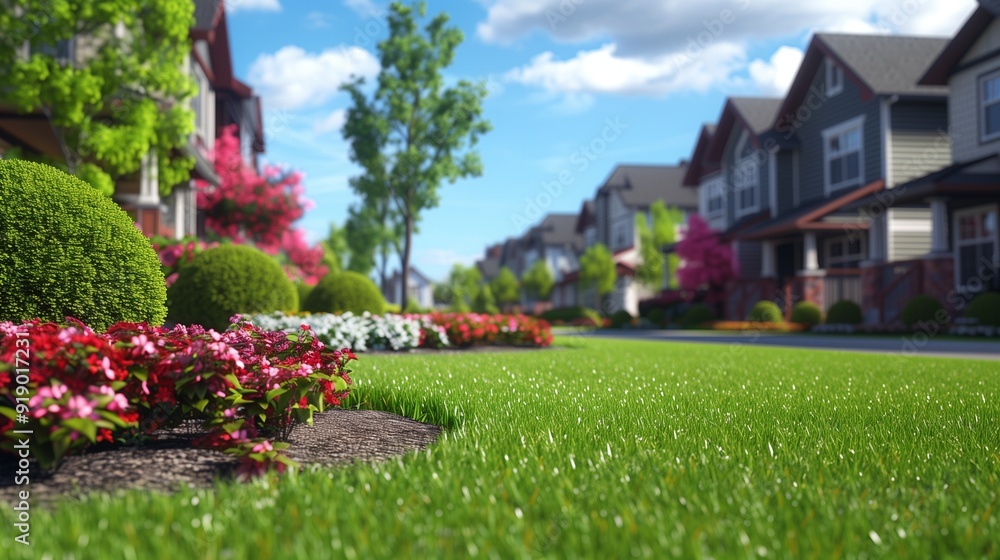 Fototapeta premium A suburban neighborhood with front yards boasting green grassy lawns, bordered by colorful flowers and neatly trimmed bushes, enhancing the curb appeal.